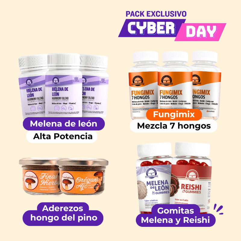 Set de suplementos y alimentos Bazar Fungi denominado Pack CyberDay, que incluye seis frascos de cápsulas concentradas, dos frascos de gomitas funcionales y dos aderezos de hongo de pino.
