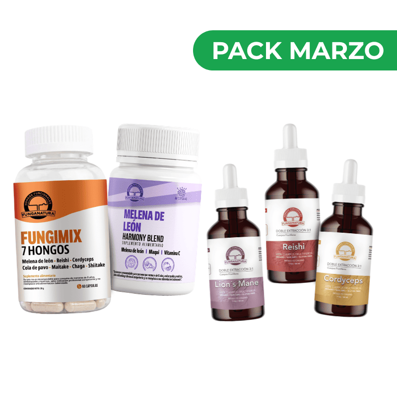 Pack Marzo Bazar Fungi: Mix de 7 Hongos, Harmony Blend y extractos de Melena de Leon, Reishi y Cordyceps en gotas y capsulas.