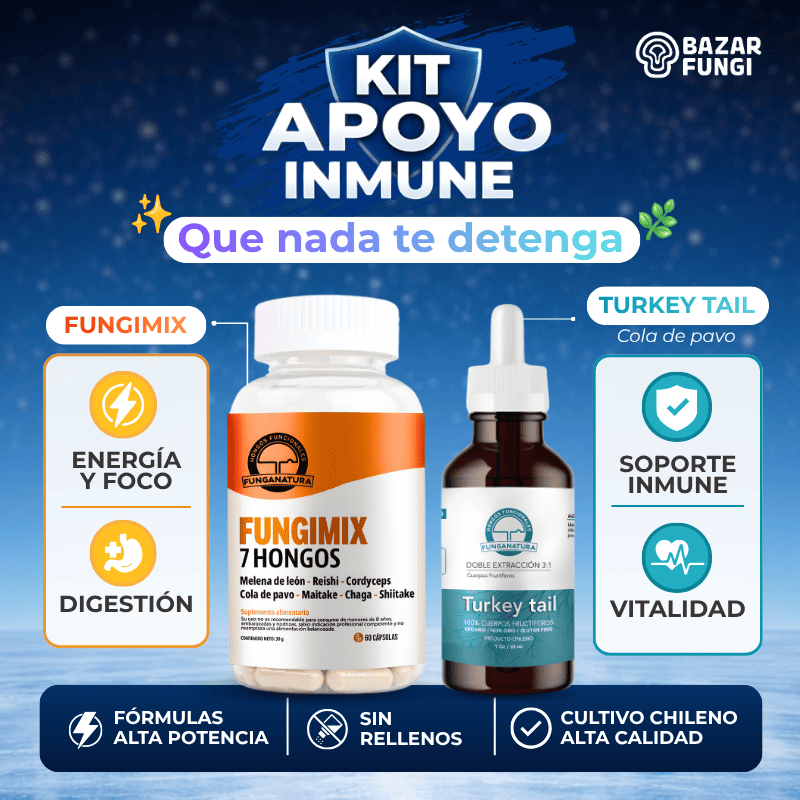 Fungimix extracto de 7 hongos extra concentrados y Cola de Pavo Extra Concentrado 3:1 en gotas doble extracción