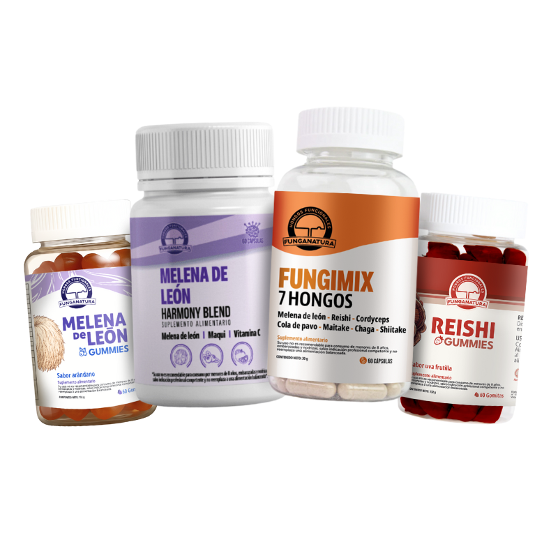 Pack Black de Bazar Fungi: Capsulas Harmony Blend y Fungimix junto a Gomitas de Melena de Leon y Reishi.