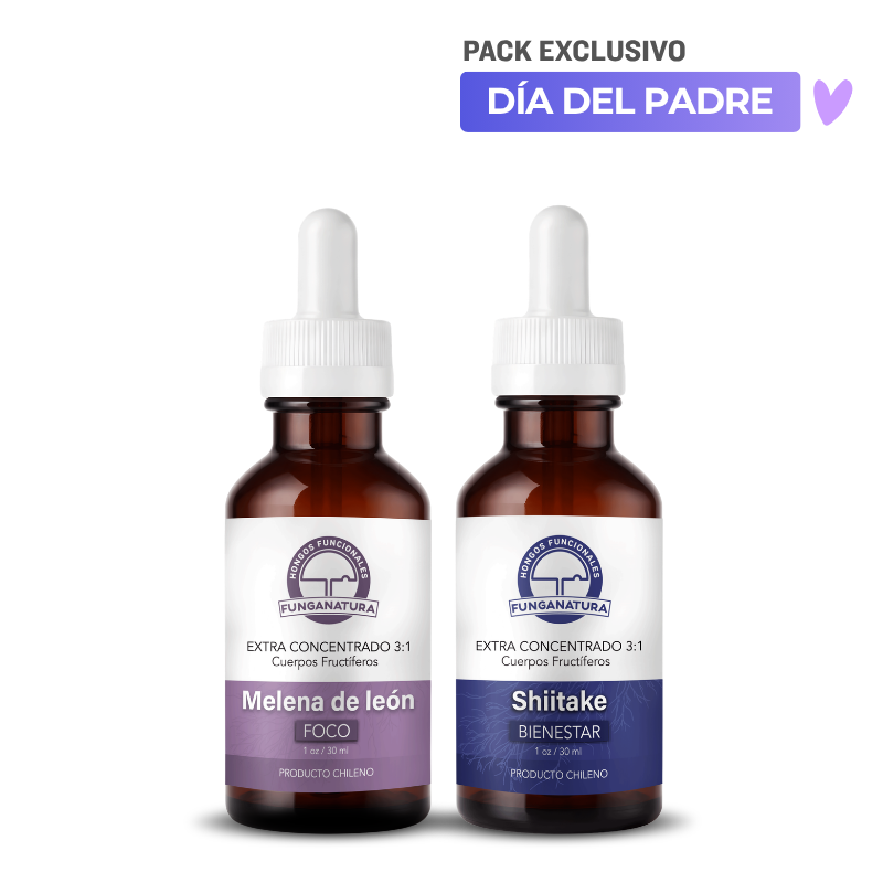 Pack Día del Padre Bazar Fungi que muestra dos frascos gotarios de extracto líquido concentrado: uno de hongo Melena de León y otro de Shiitake