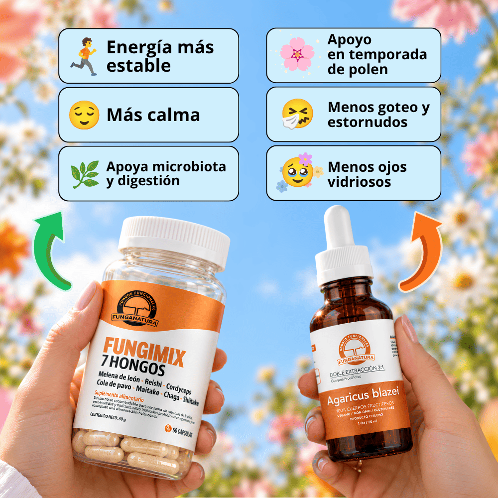 Apoyo de inmunidad Fungimix 7 Hongos Adaptógenos y Agaricus blazei o Champiñón del Sol especial para temporada de primavera y polen